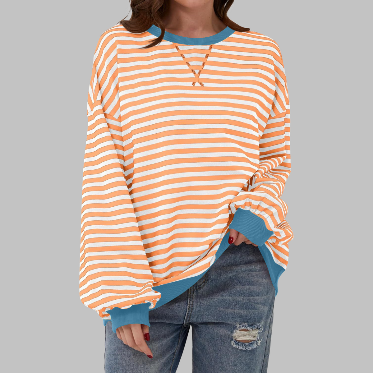 Women's Oversized Striped Round Neck Sweatshirt