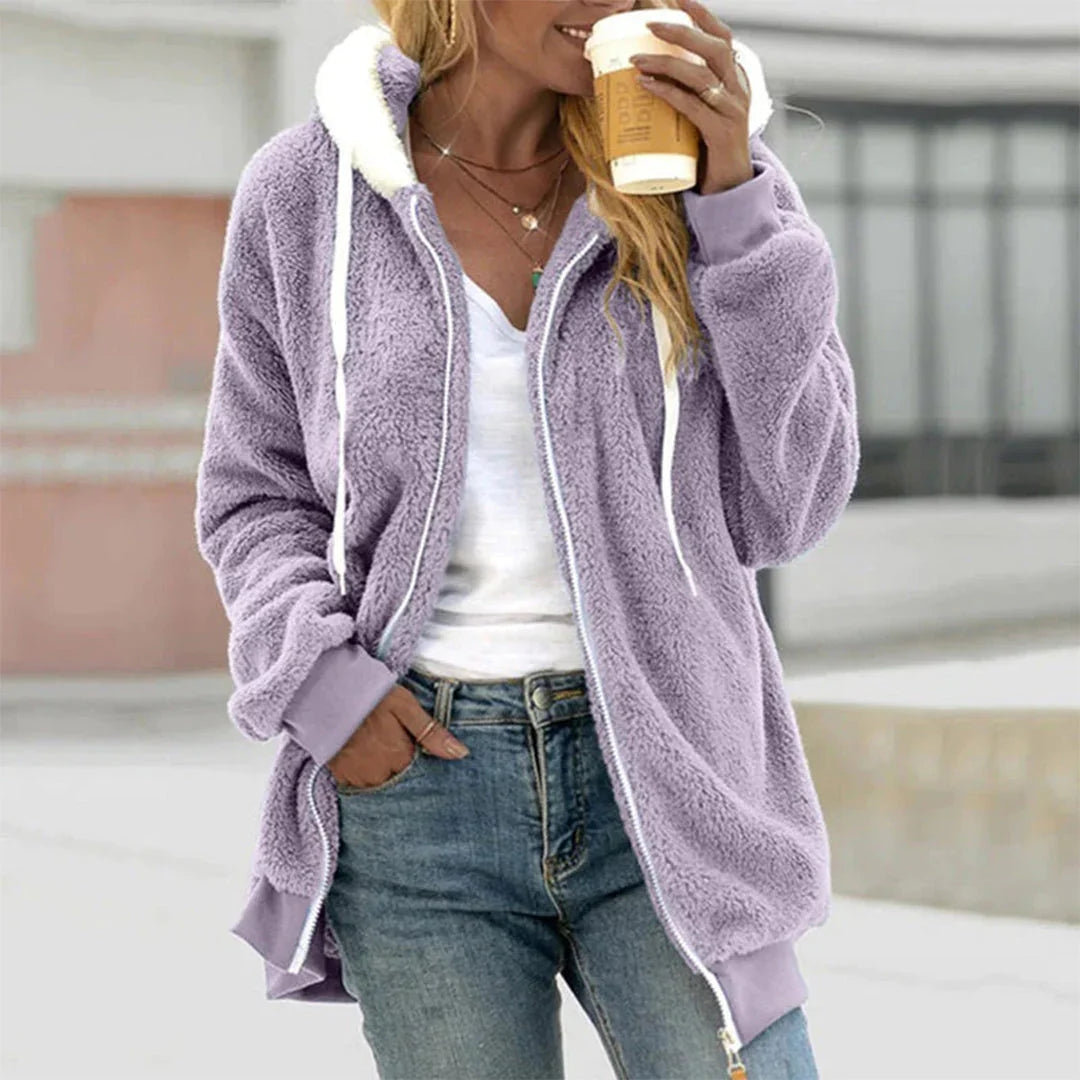 Ladies Plush Jacket with Hood and Split Details