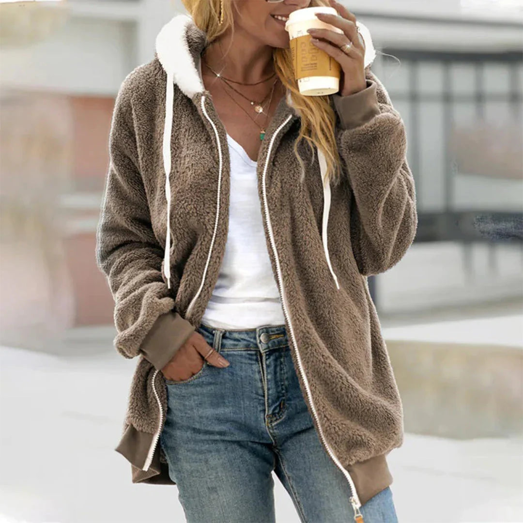 Ladies Plush Jacket with Hood and Split Details
