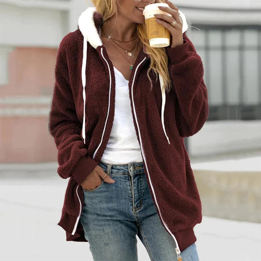 Ladies Plush Jacket with Hood and Split Details
