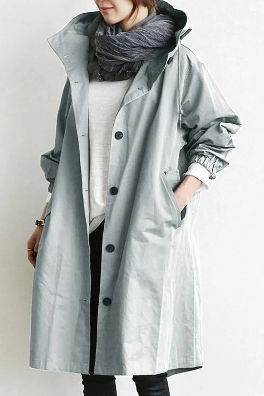 Women's Oversized Hooded Trench Coat with Button Closure