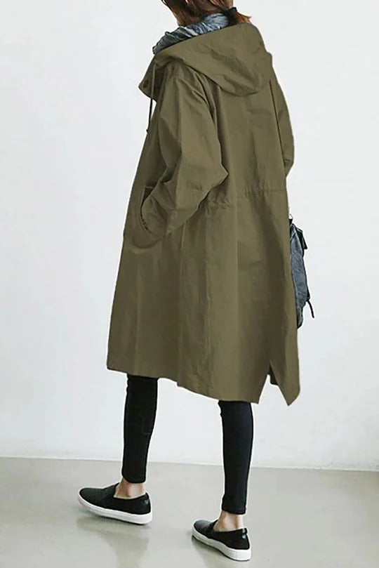 Women's Oversized Hooded Trench Coat with Button Closure