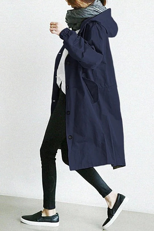 Women's Oversized Hooded Trench Coat with Button Closure