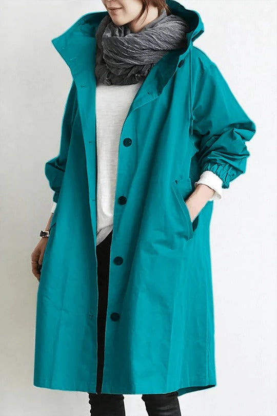 Women's Oversized Hooded Trench Coat with Button Closure