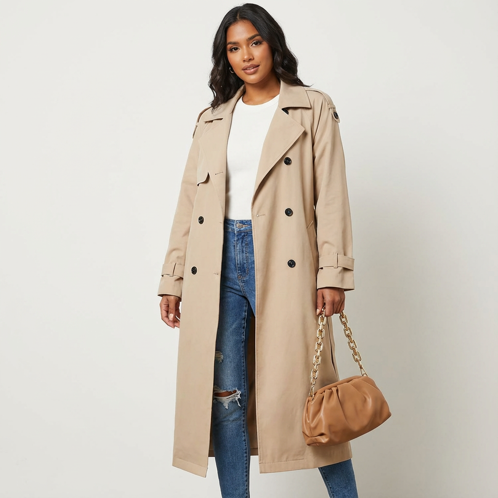 Ladies' Trench Coat Long Fit Classic Button Front Casual Formal