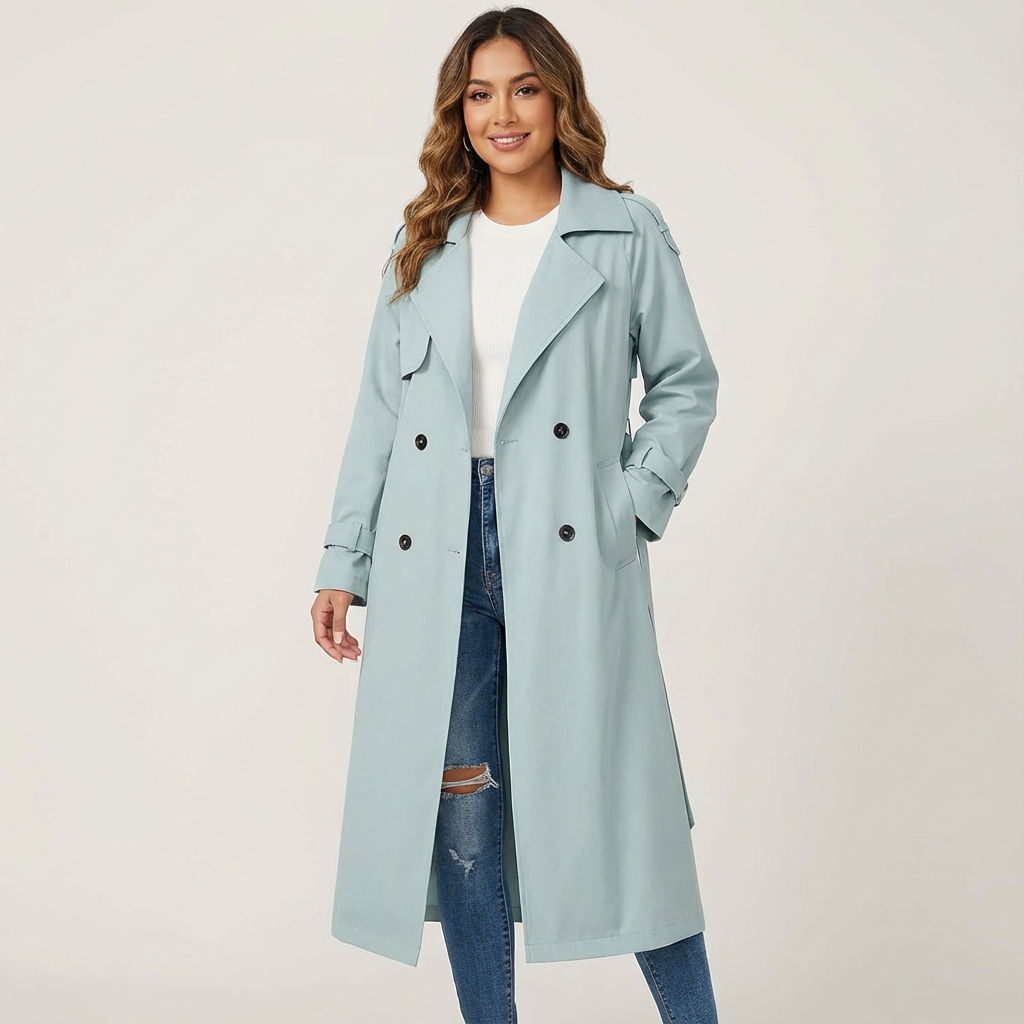 Ladies' Trench Coat Long Fit Classic Button Front Casual Formal