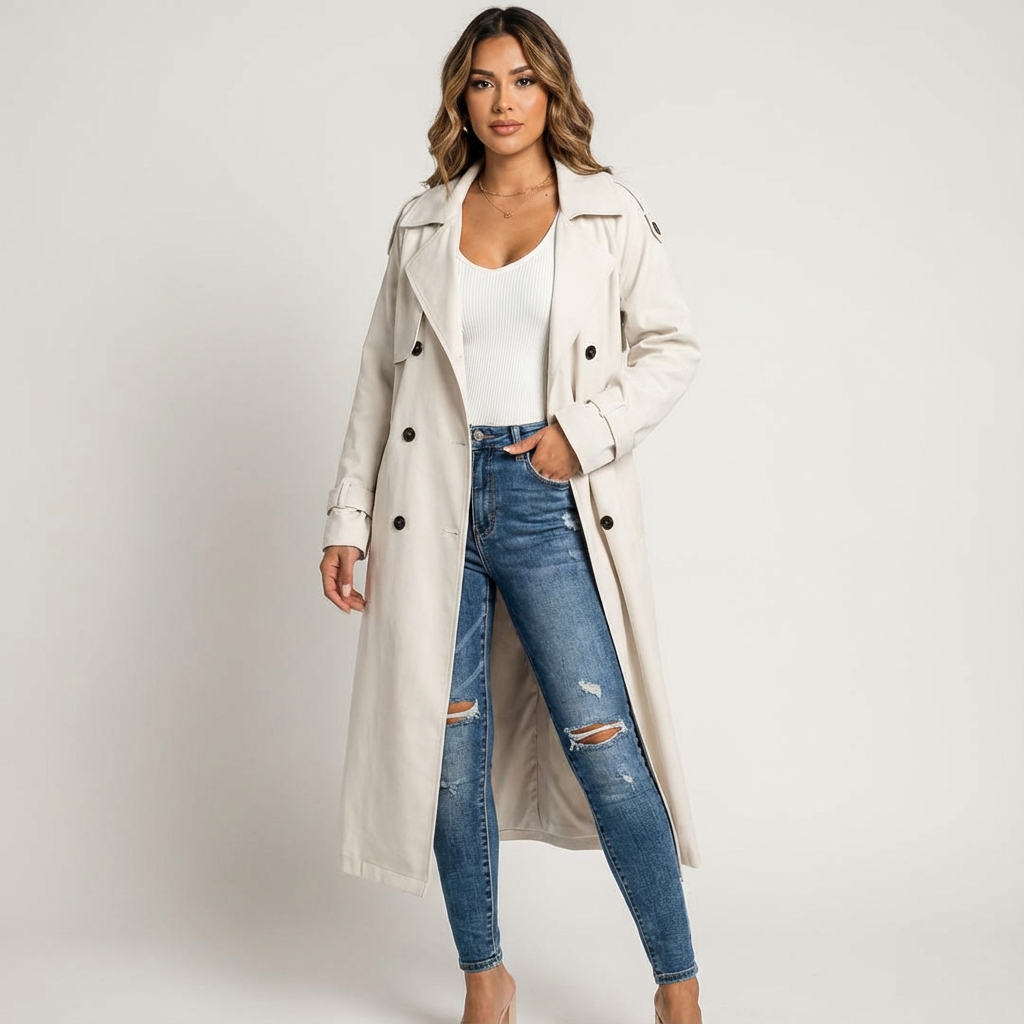 Ladies' Trench Coat Long Fit Classic Button Front Casual Formal
