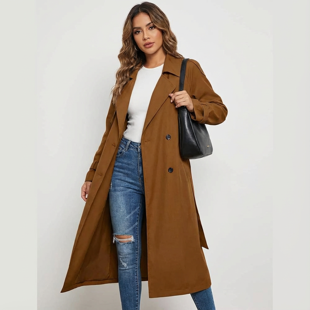 Ladies' Trench Coat Long Fit Classic Button Front Casual Formal
