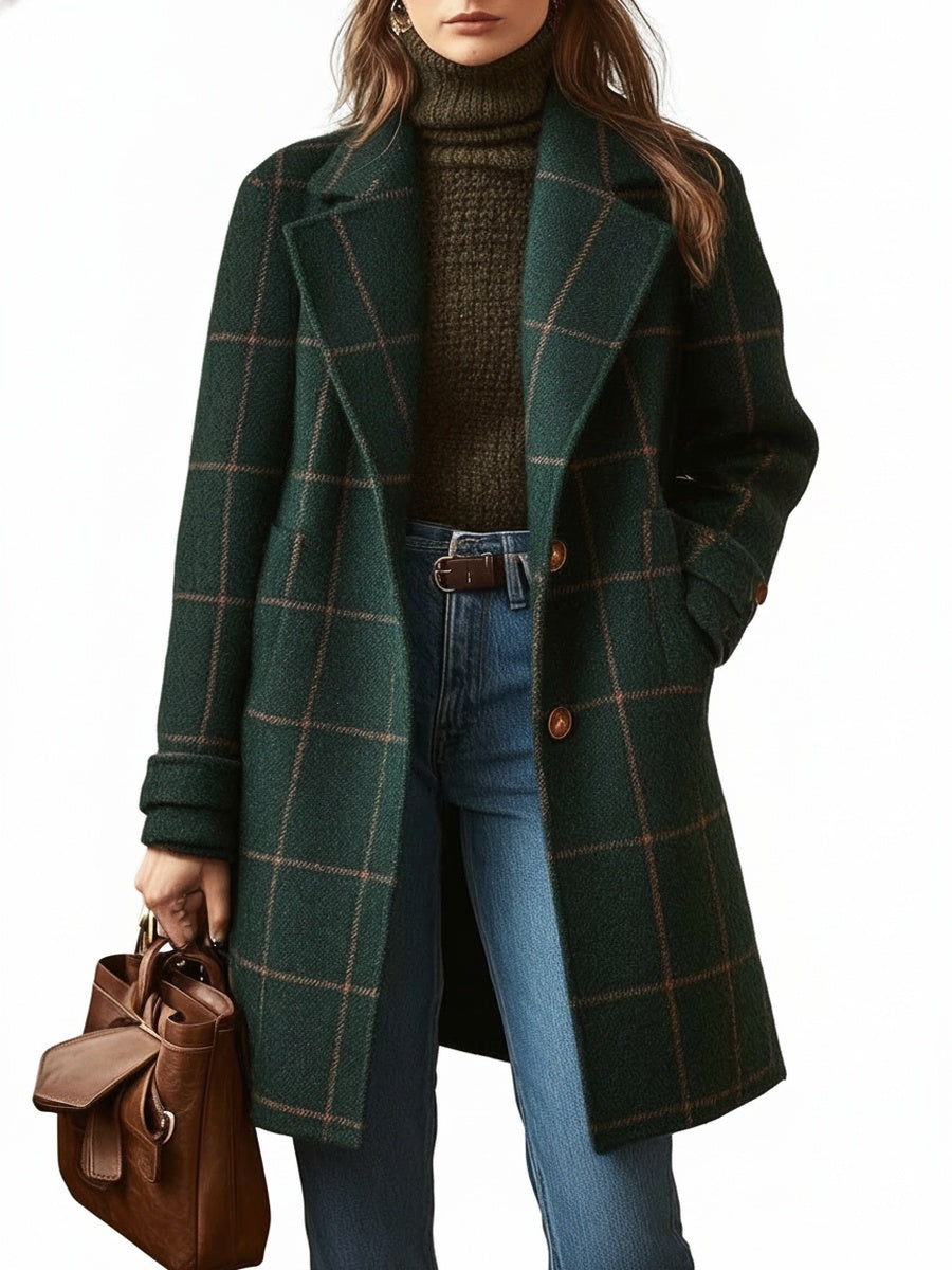Women's Checkered Winter Coat with Notched Collar and Button Closure