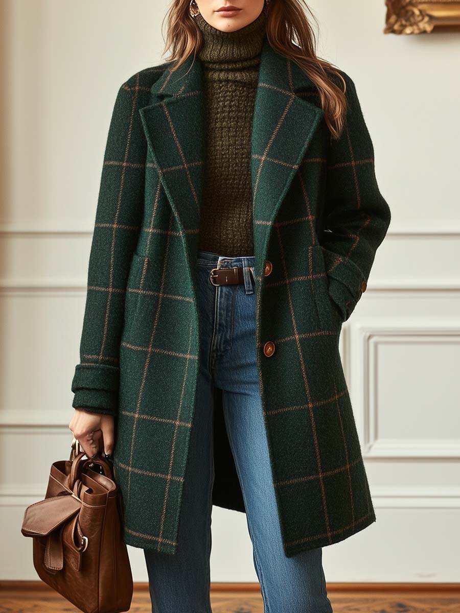 Women's Checkered Winter Coat with Notched Collar and Button Closure