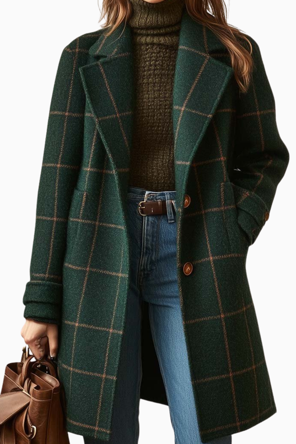 Women's Checkered Winter Coat with Notched Collar and Button Closure