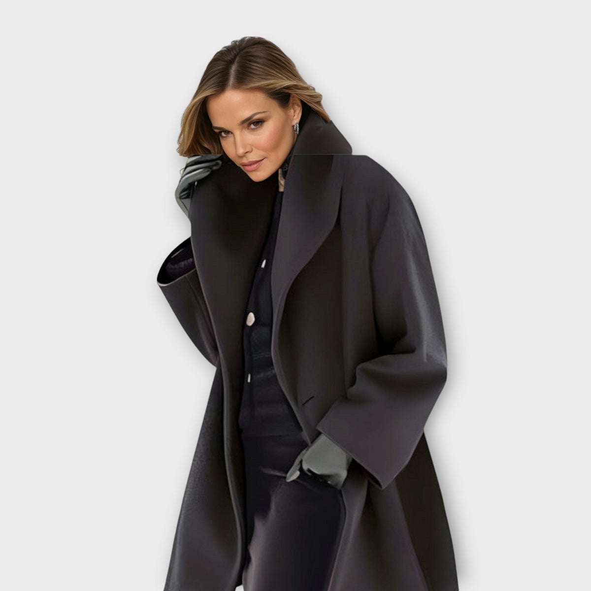 Women's Oversized Winter Coat with Wide Lapels and Button Fastening