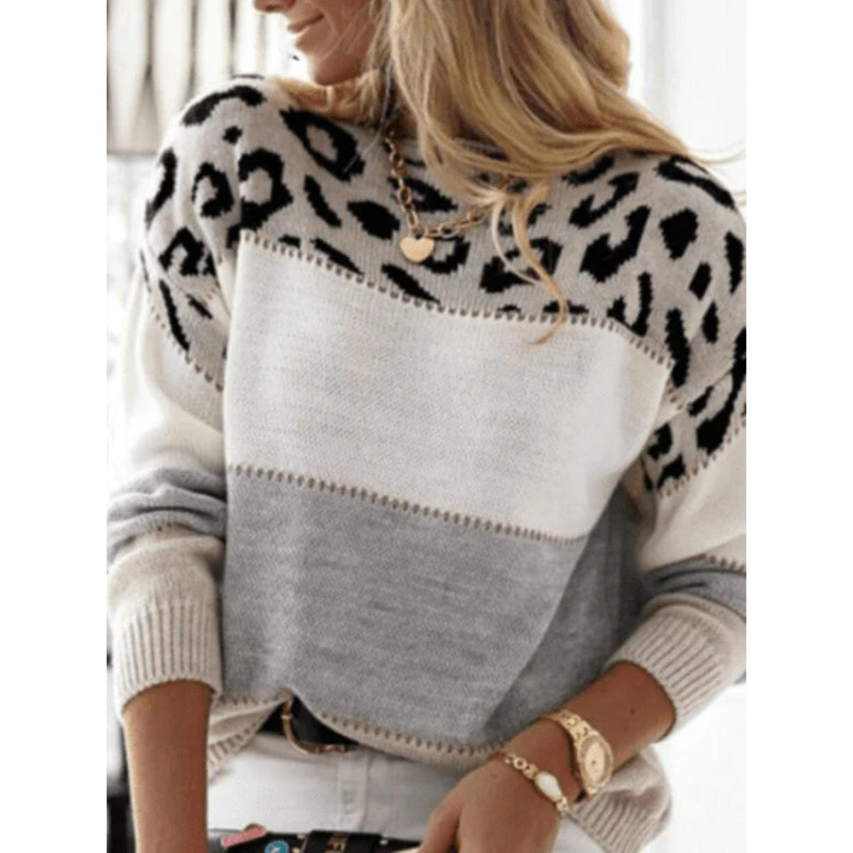 Ladies Soft Knitted Sweater with Leopard Print and Colour Block