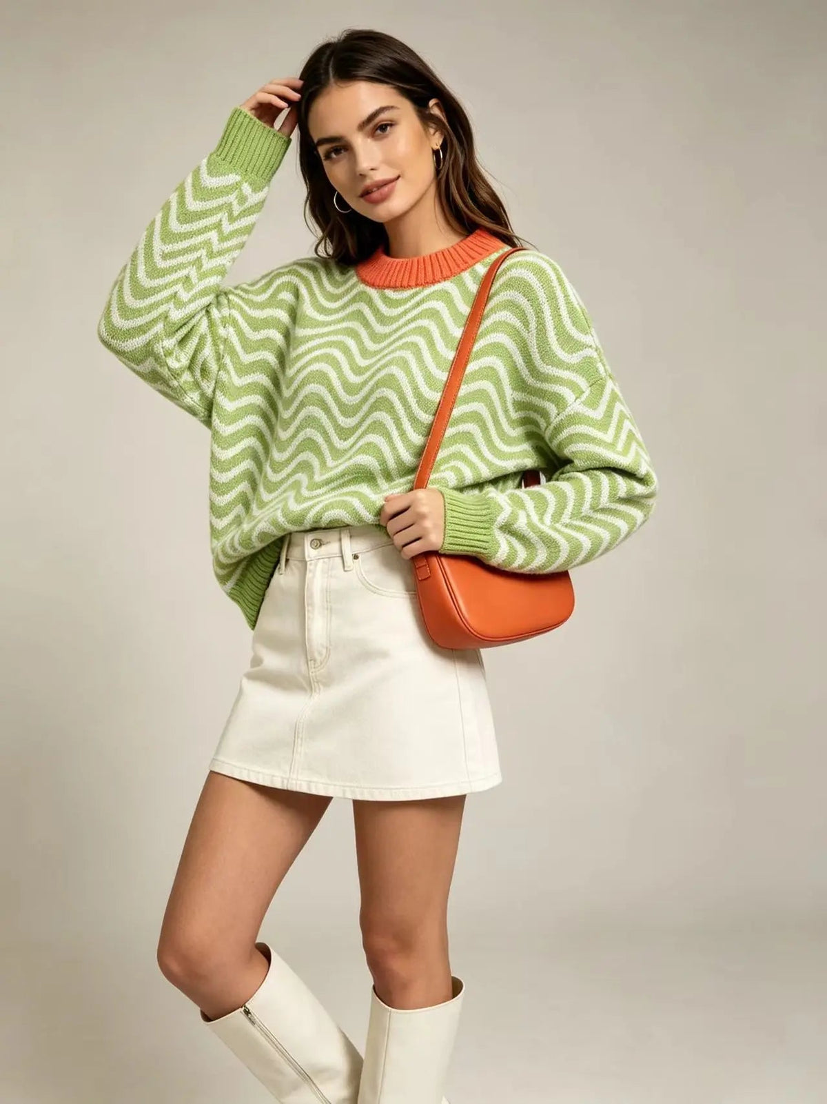 Women's Loose Knit Jumper with Wave Pattern