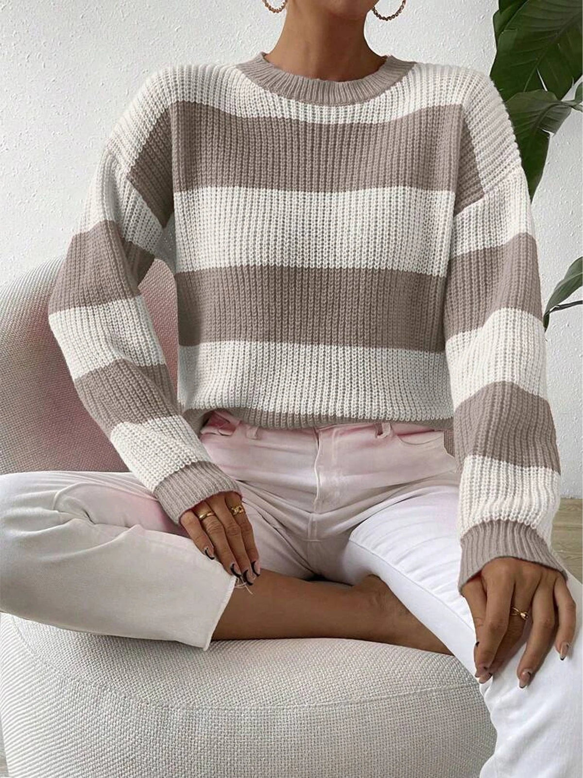 Women's Knit Top with Bold Contrast Stripes