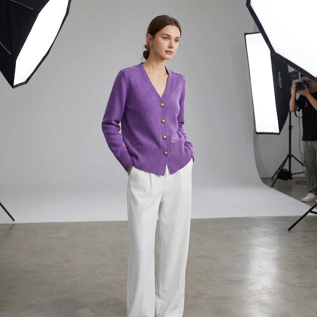 Ladies' Regular Fit V-Neck Button Closure Long Sleeve Casual Autumn Cardigan