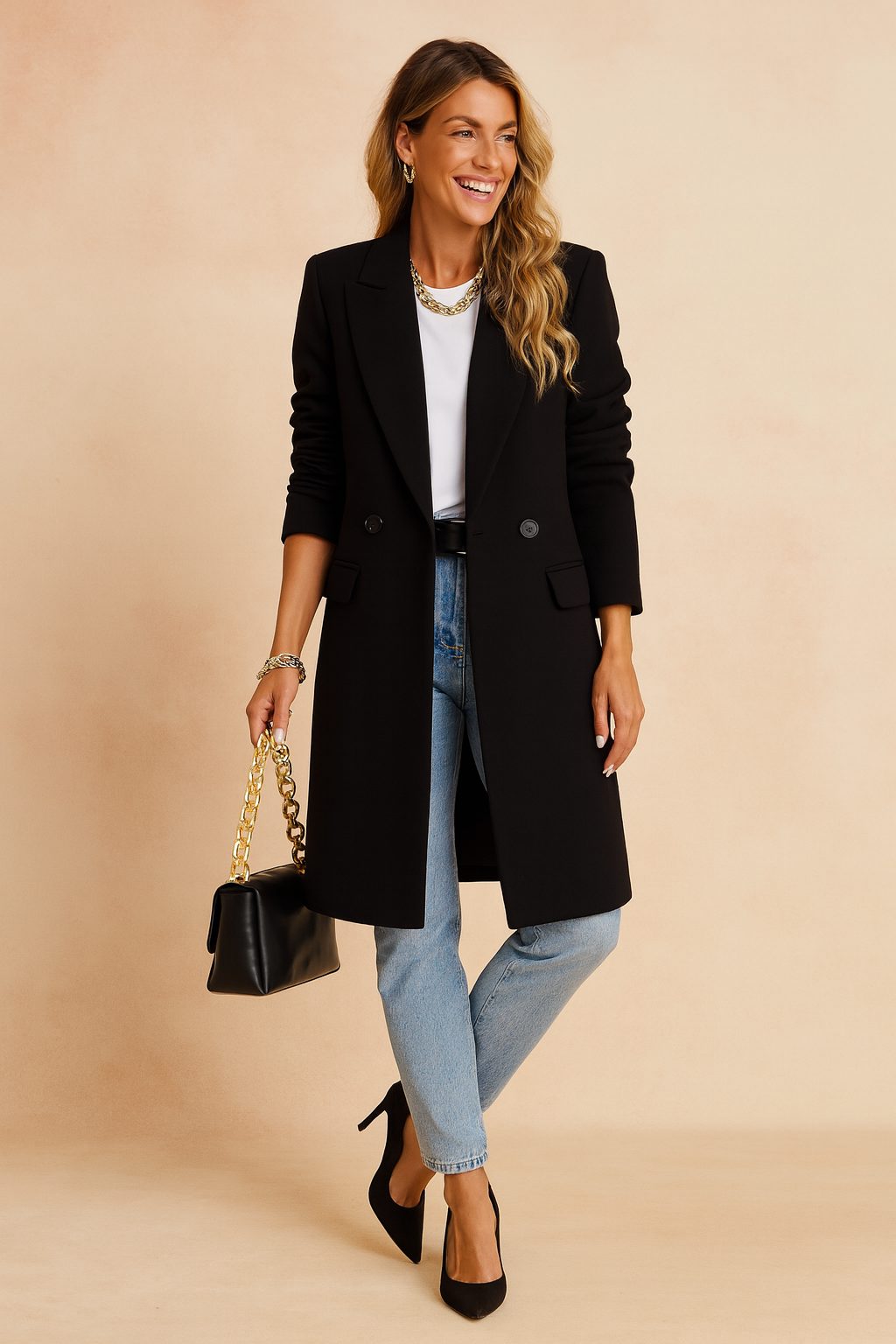Women's Long Coat with Double Closure
