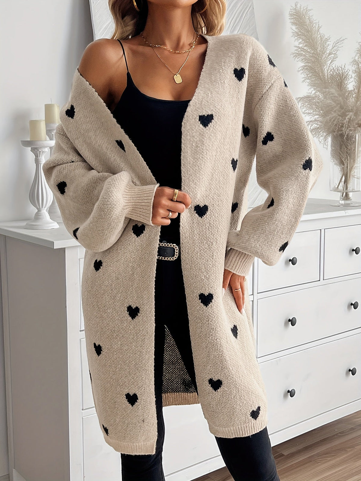 Open Front Women's Cardigan with Heart Pattern