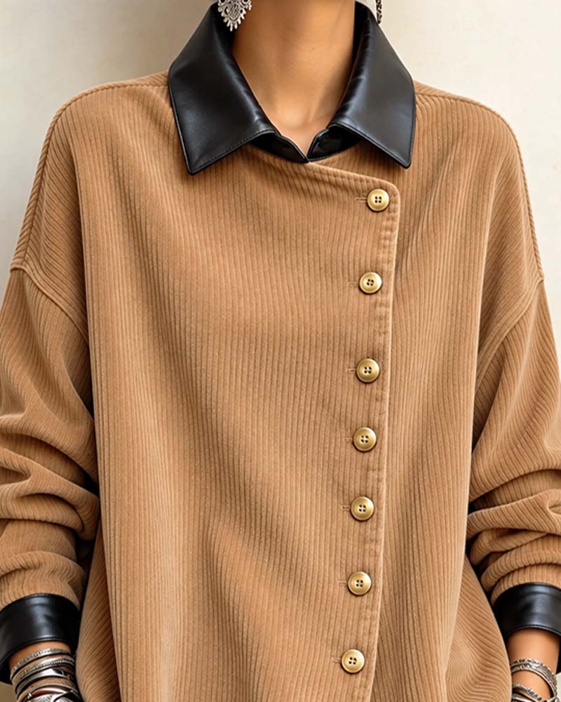 Loose-Fit Diagonal Button Corduroy Top