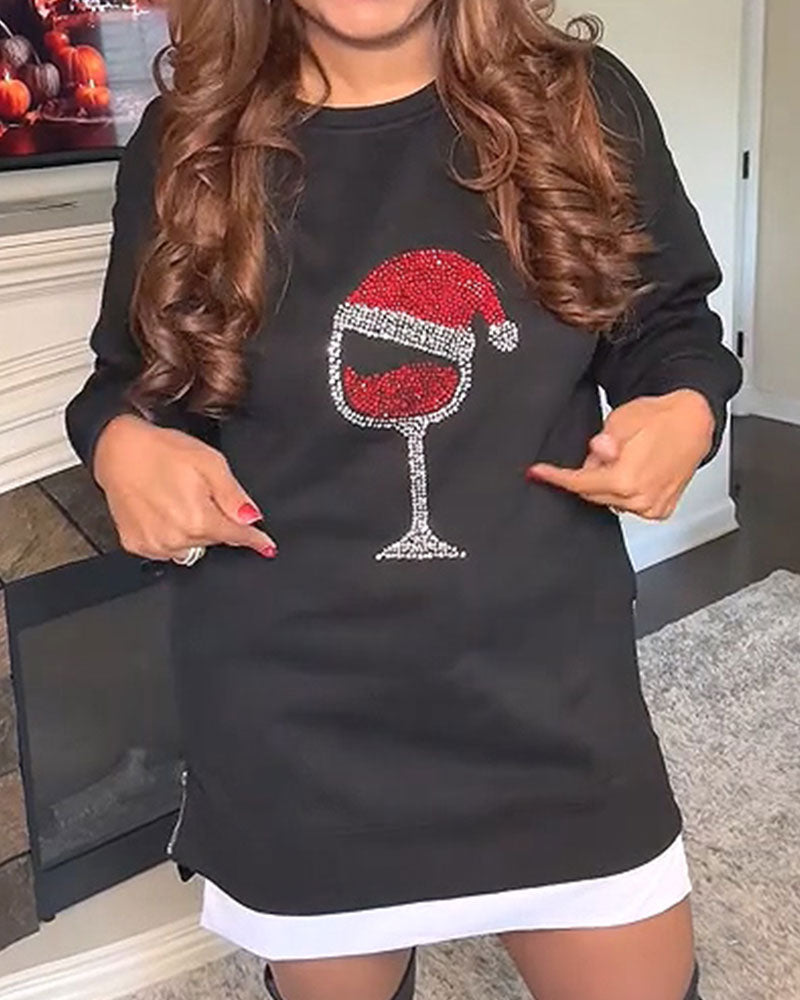 Christmas Wine Glass Print Long Sweatshirt Dress