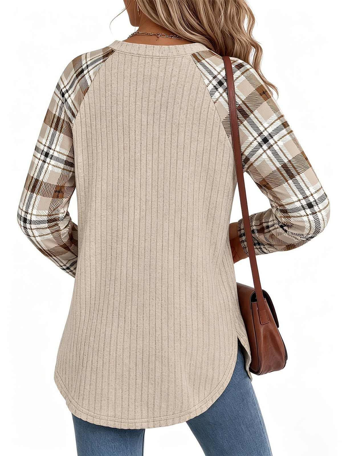 Audrey | Ribbed Top with Checkered Sleeves