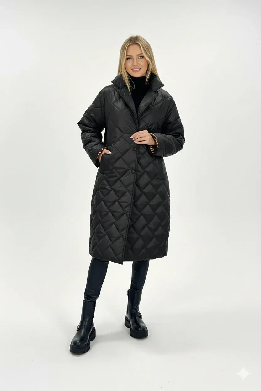 Long Padded Coat for Women Reversible with Leopard Print