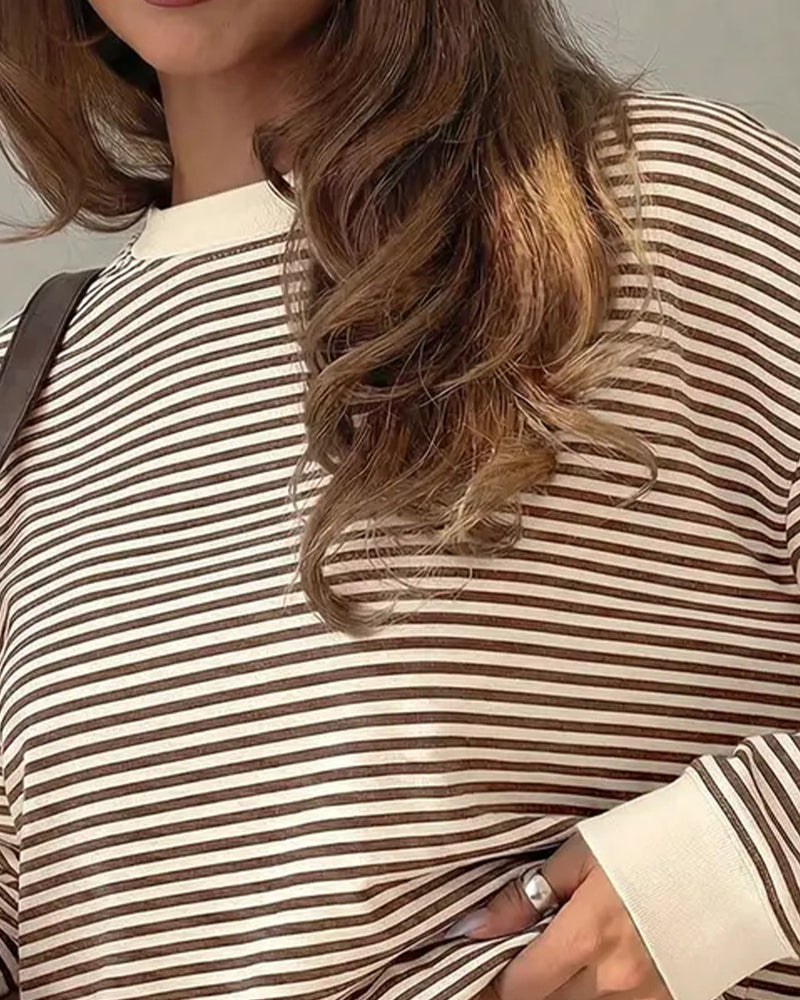 Relaxed Fit Long Sleeve Striped Crew Neck Top