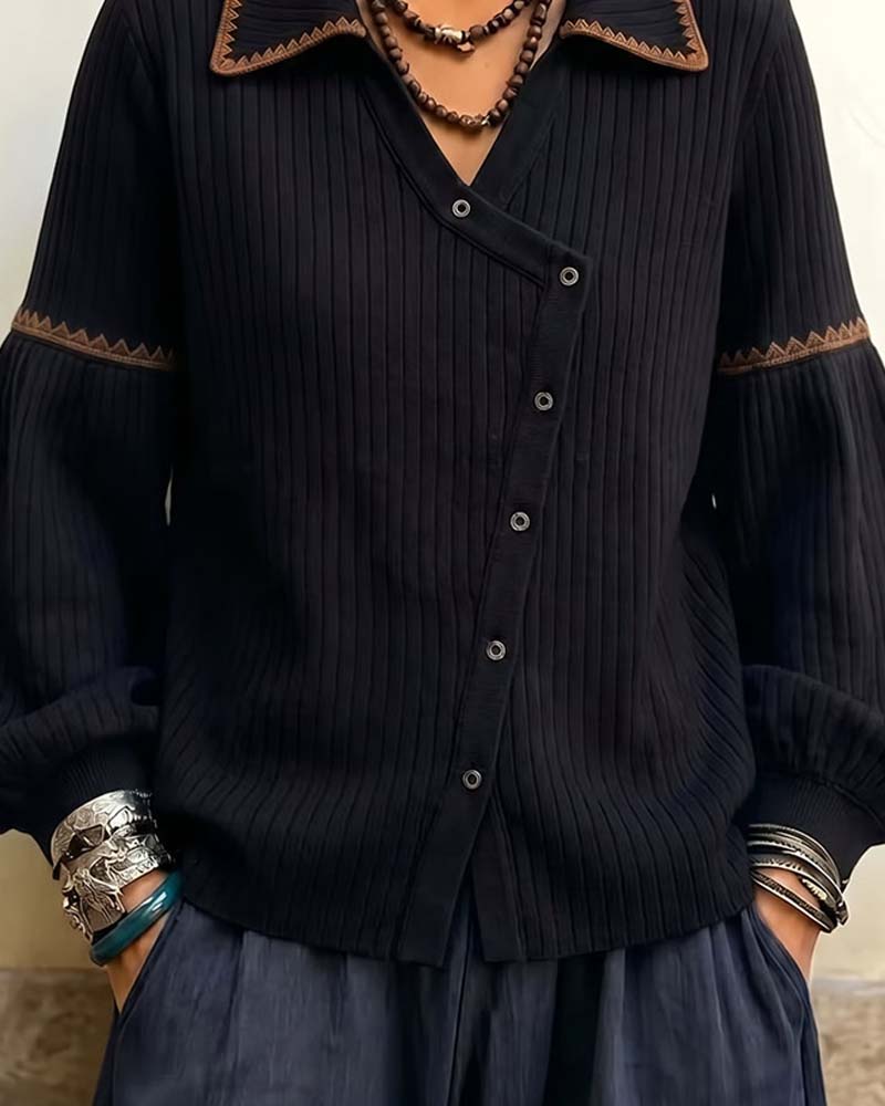 Lapel Buttoned Coat with Lantern Sleeves
