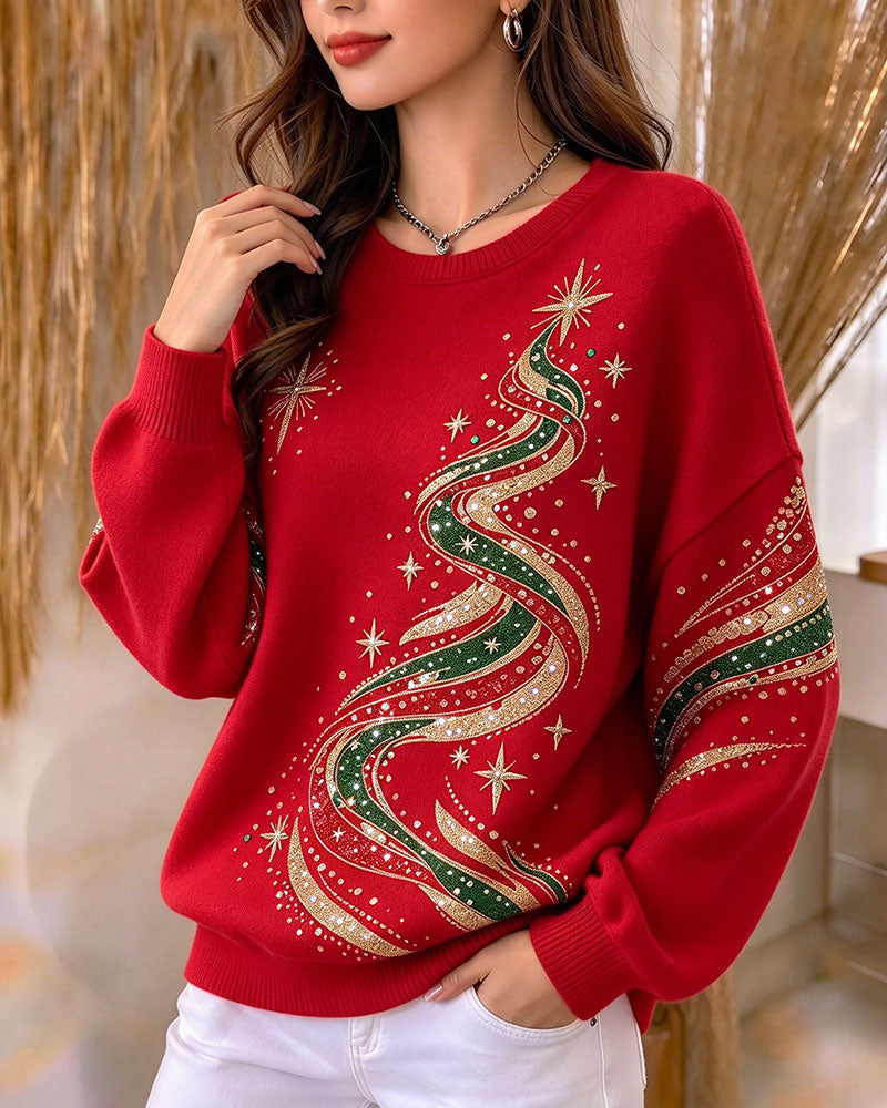 Loose-Fit Long Sleeve Sweatshirt with Christmas Tree Print