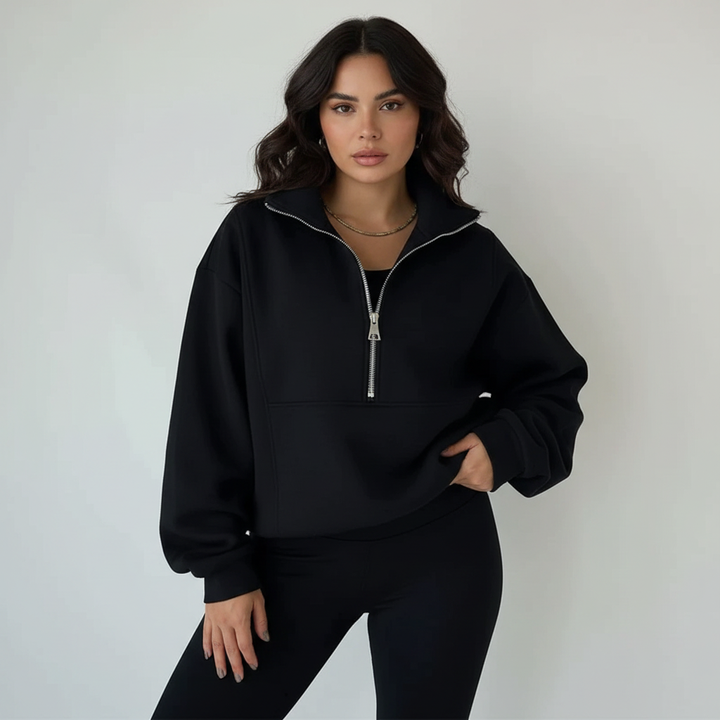 Sporty Ladies' Set Regular Fit Jumper with Half Zip Trousers Casual