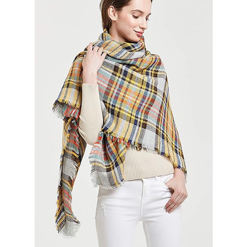 Anna | Oversized Yellow and Blue Checked Scarf for Women with Fringes – 150 x 150 cm