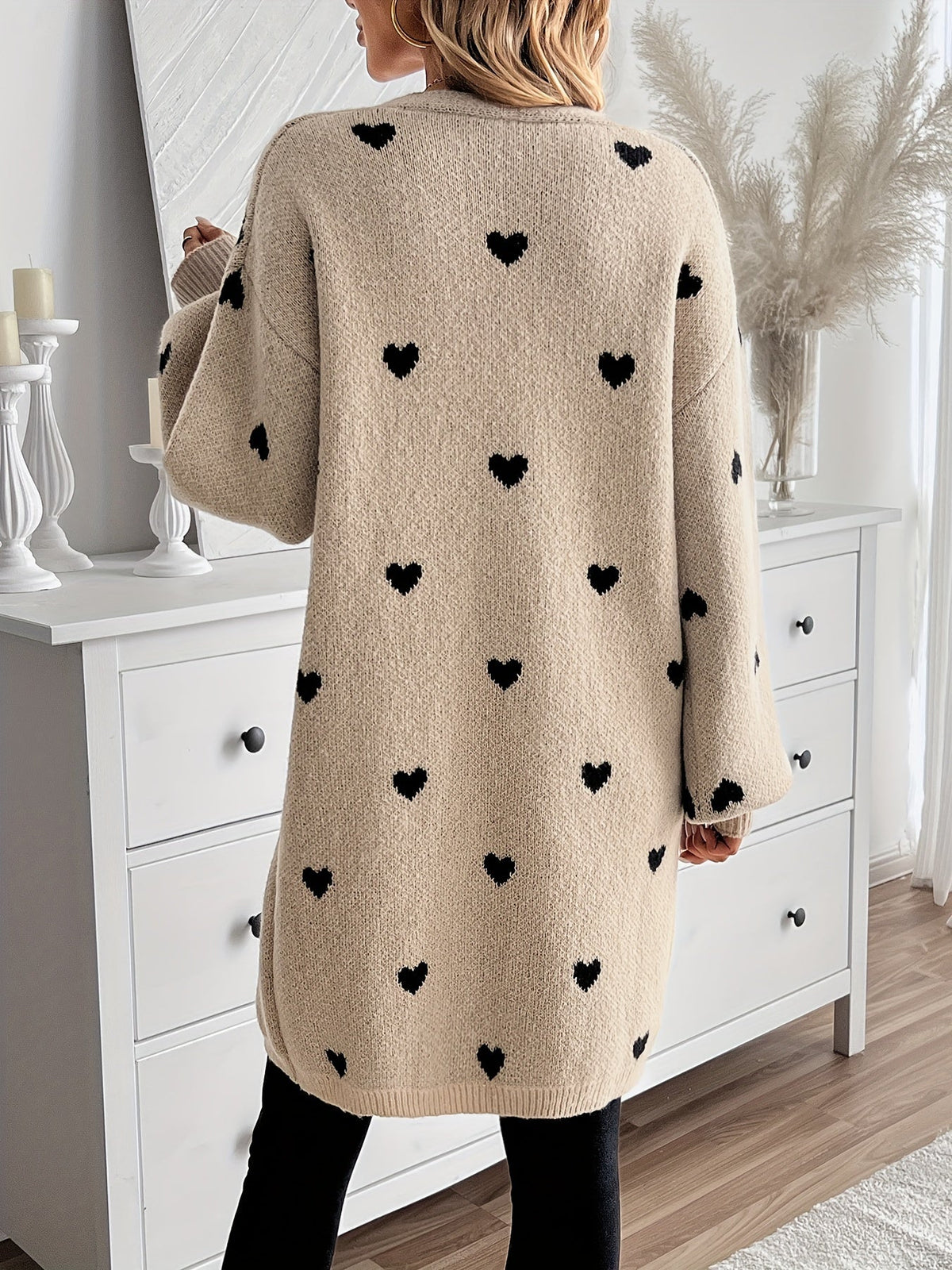 Open Front Women's Cardigan with Heart Pattern
