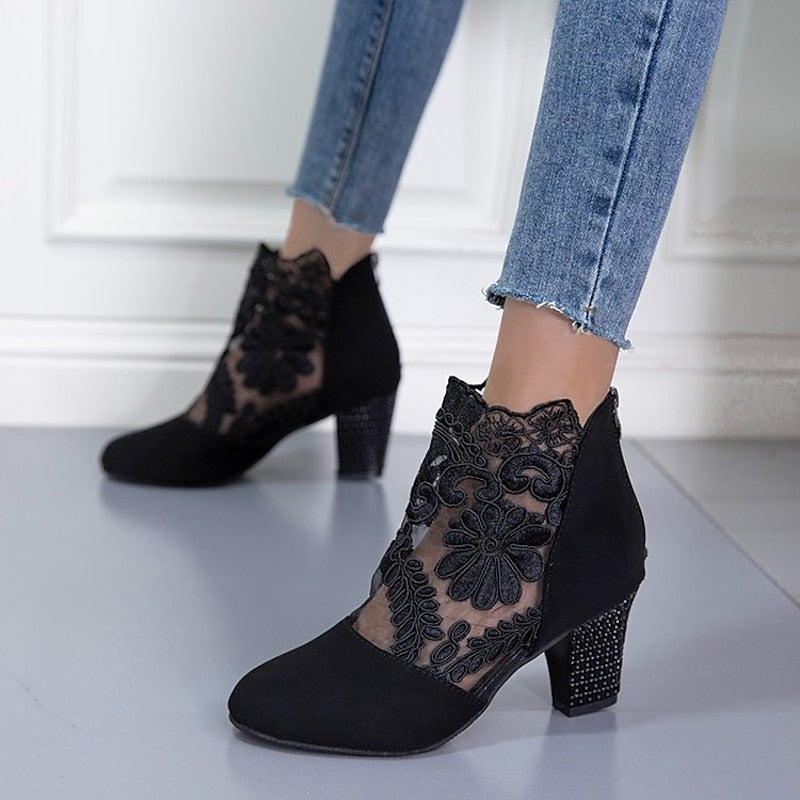 Helena | Floral Lace Ankle Boots with Block Heel