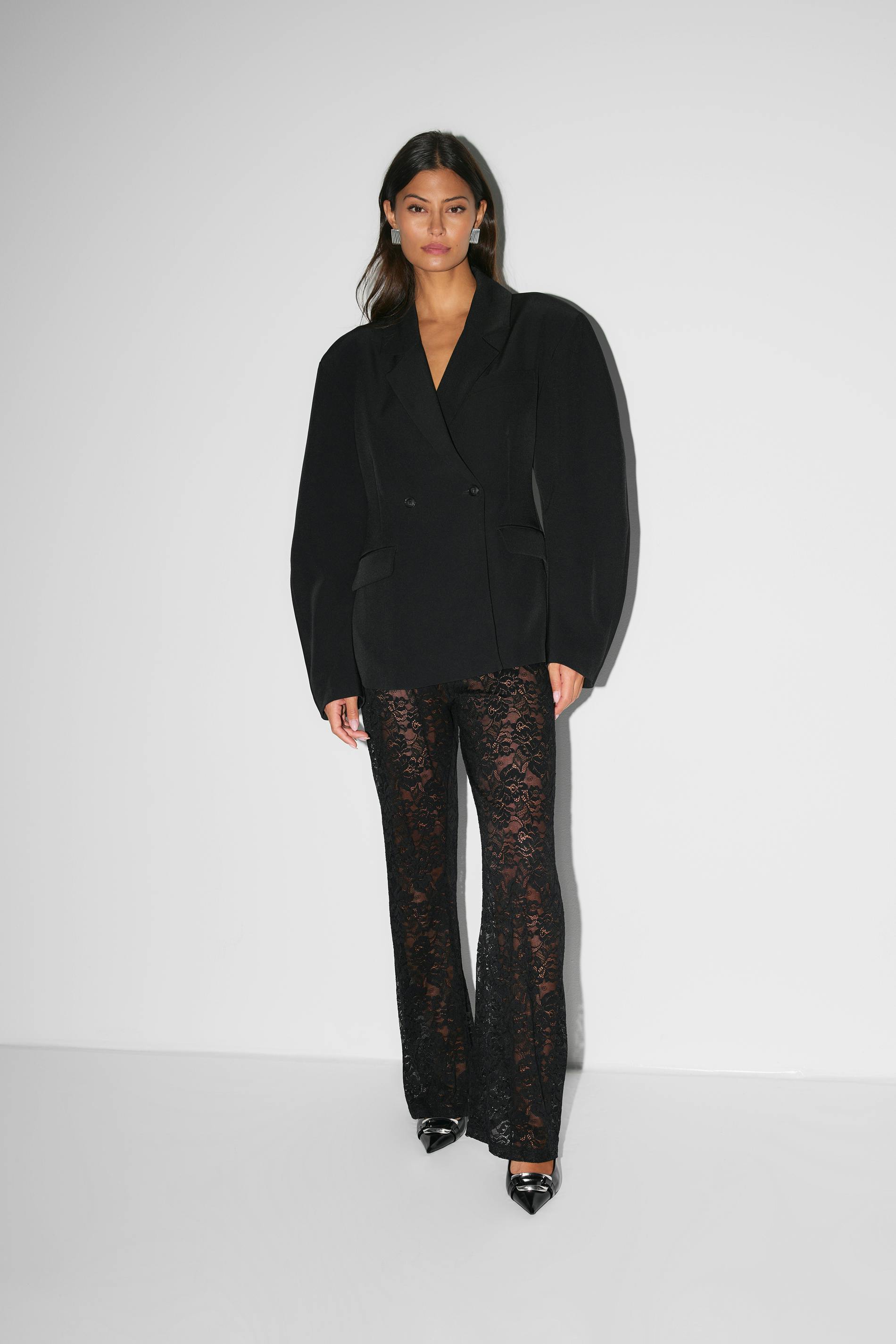 Flared Trousers for Women with Lace Floral Pattern and Elastic Waist