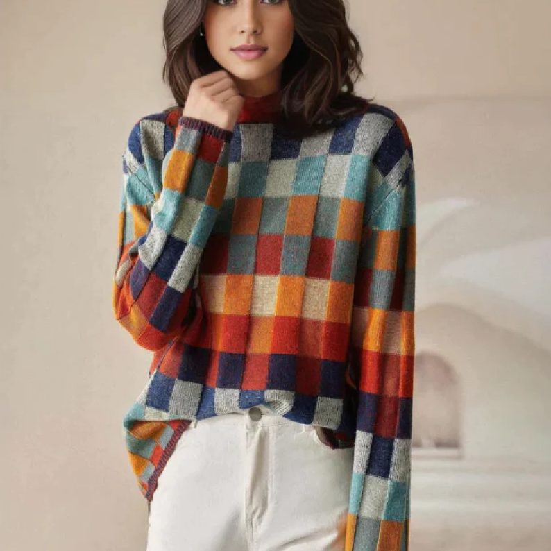 Women's Round Neck Checked Sweater