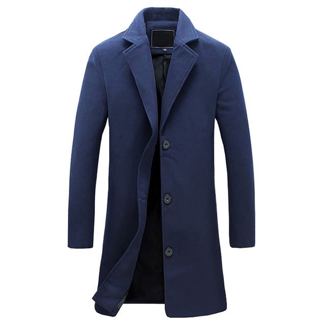 Men's Tailored Long Coat with Notched Lapel
