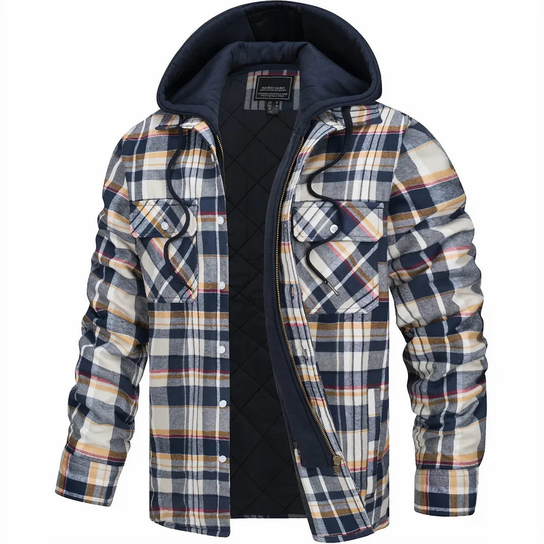 Checked Flannel Shirt Jacket with Hood for Men