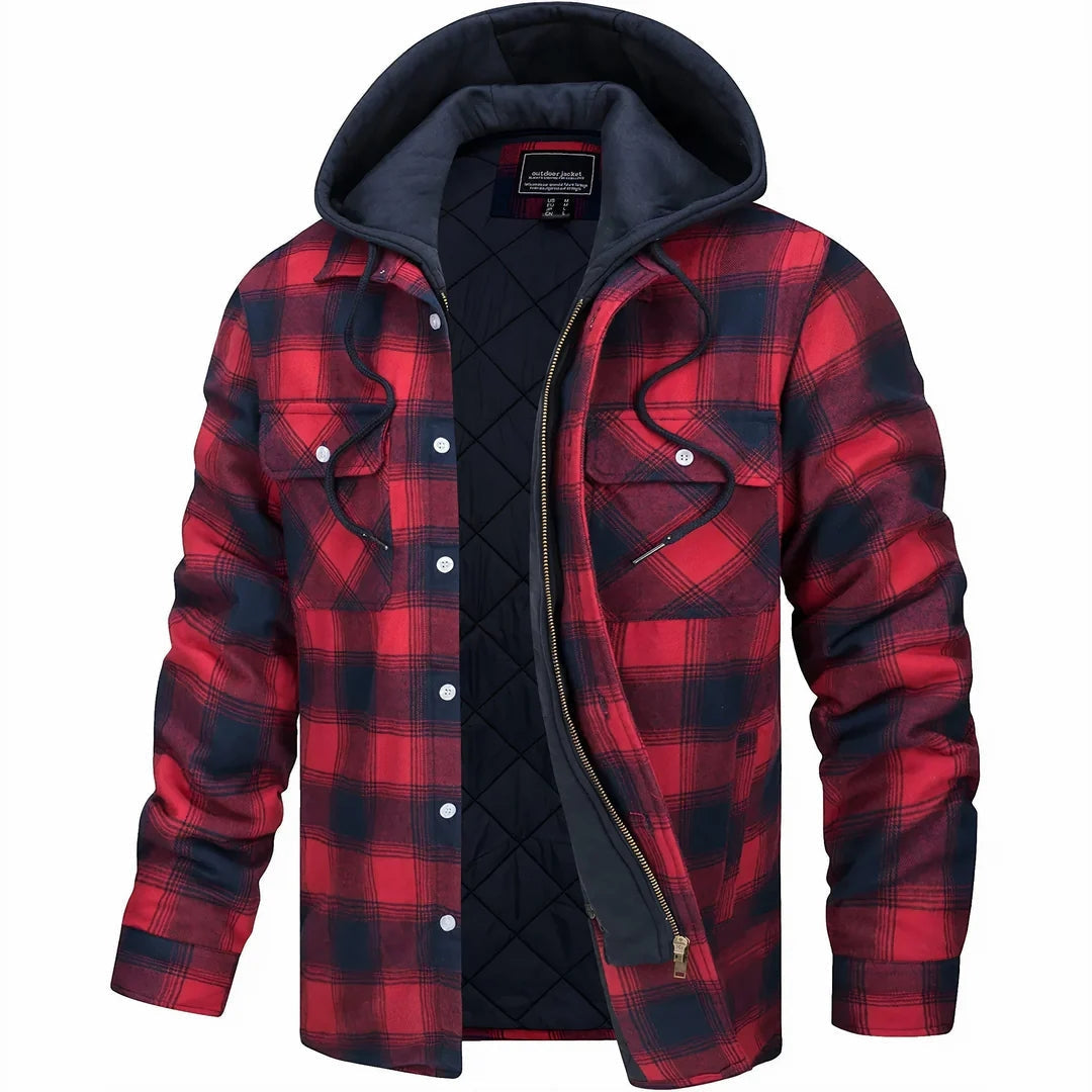 Checked Flannel Shirt Jacket with Hood for Men