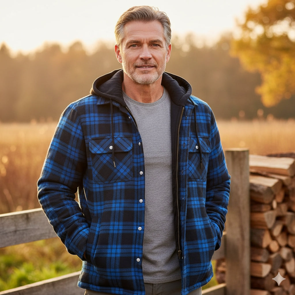 Checked Flannel Shirt Jacket with Hood for Men