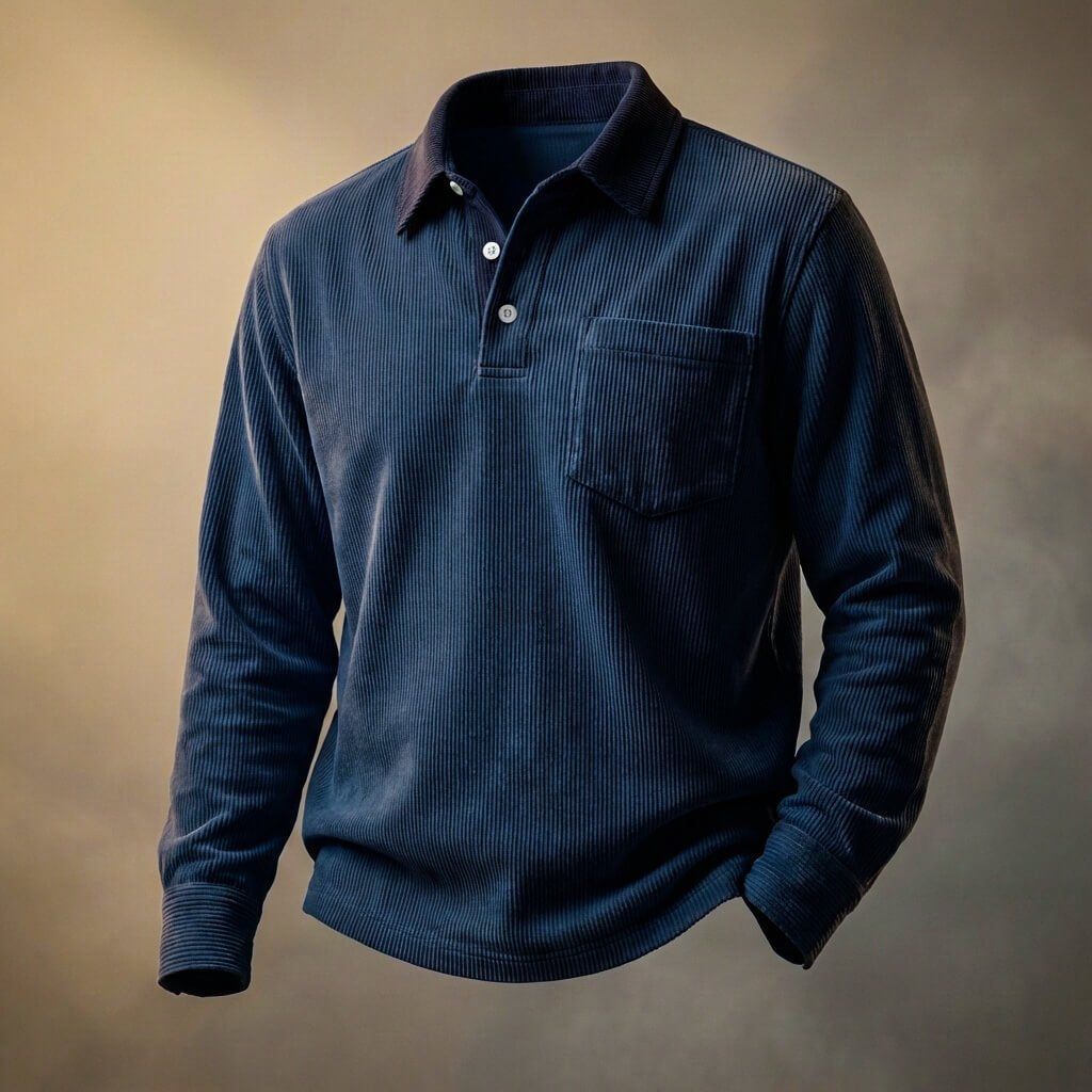 Men's Breathable Corduroy Polo with Long Sleeves and Chest Pocket