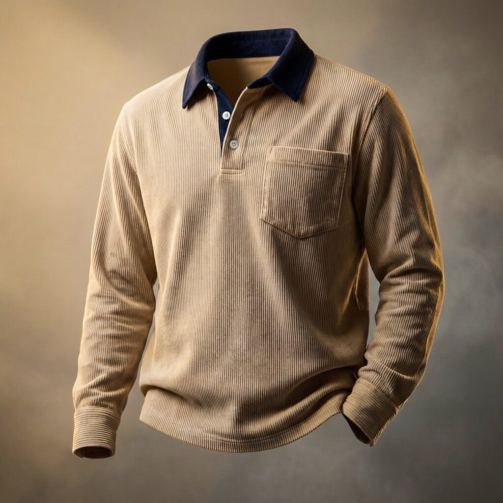 Men's Breathable Corduroy Polo with Long Sleeves and Chest Pocket