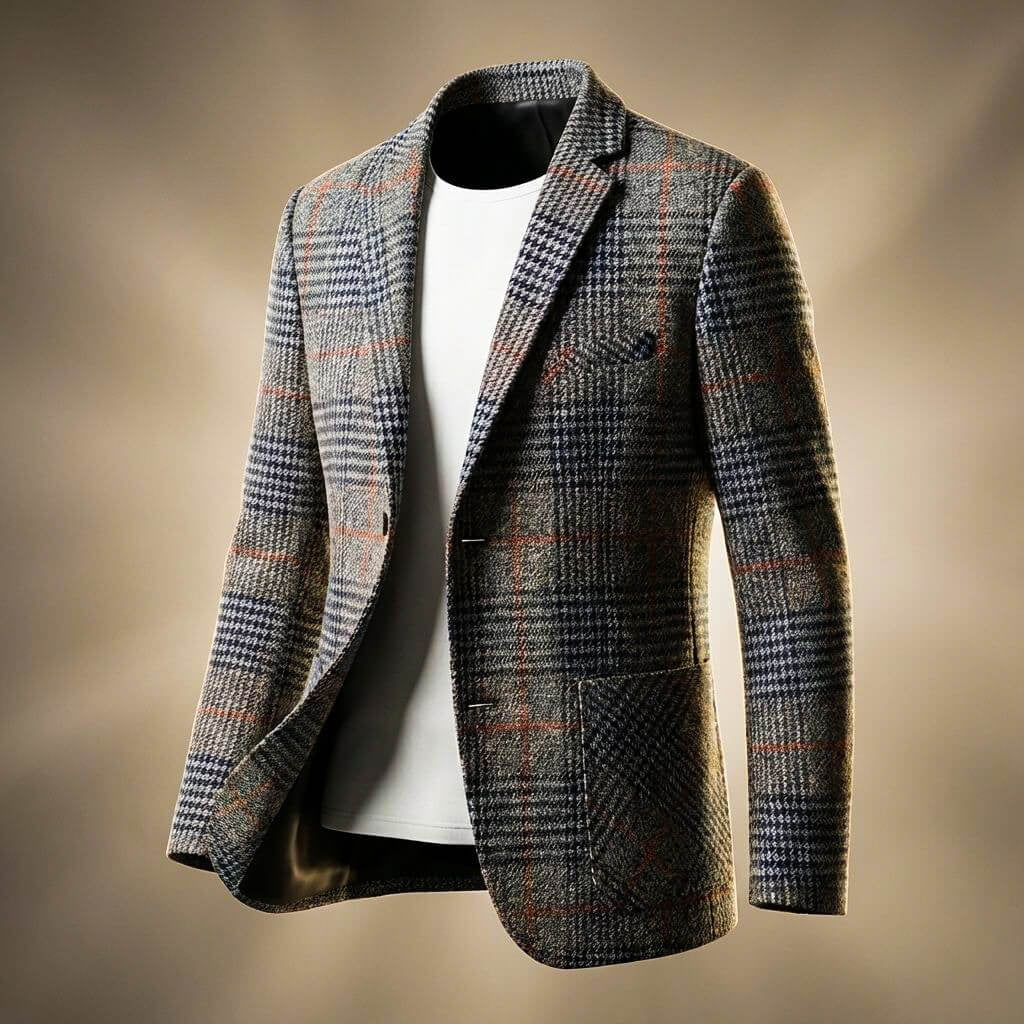 Men's Breathable Wool Blazer with Notch Lapels and Check Pattern