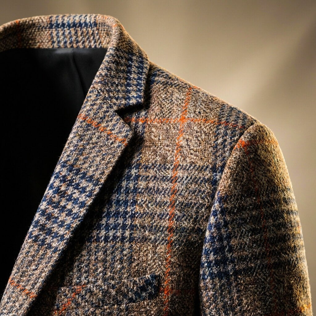 Men's Breathable Wool Blazer with Notch Lapels and Check Pattern