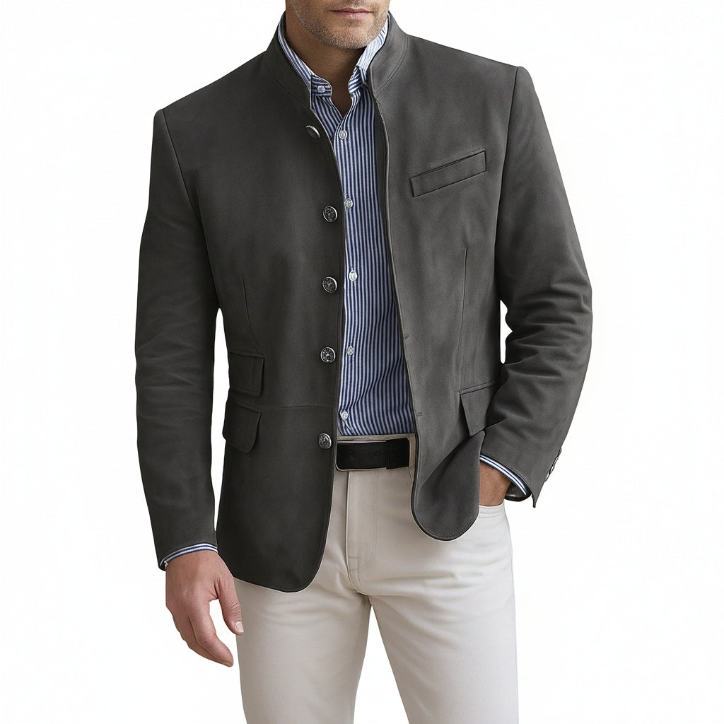 Men's Slim Fit Blazer with Stand-Up Collar and Button Closure