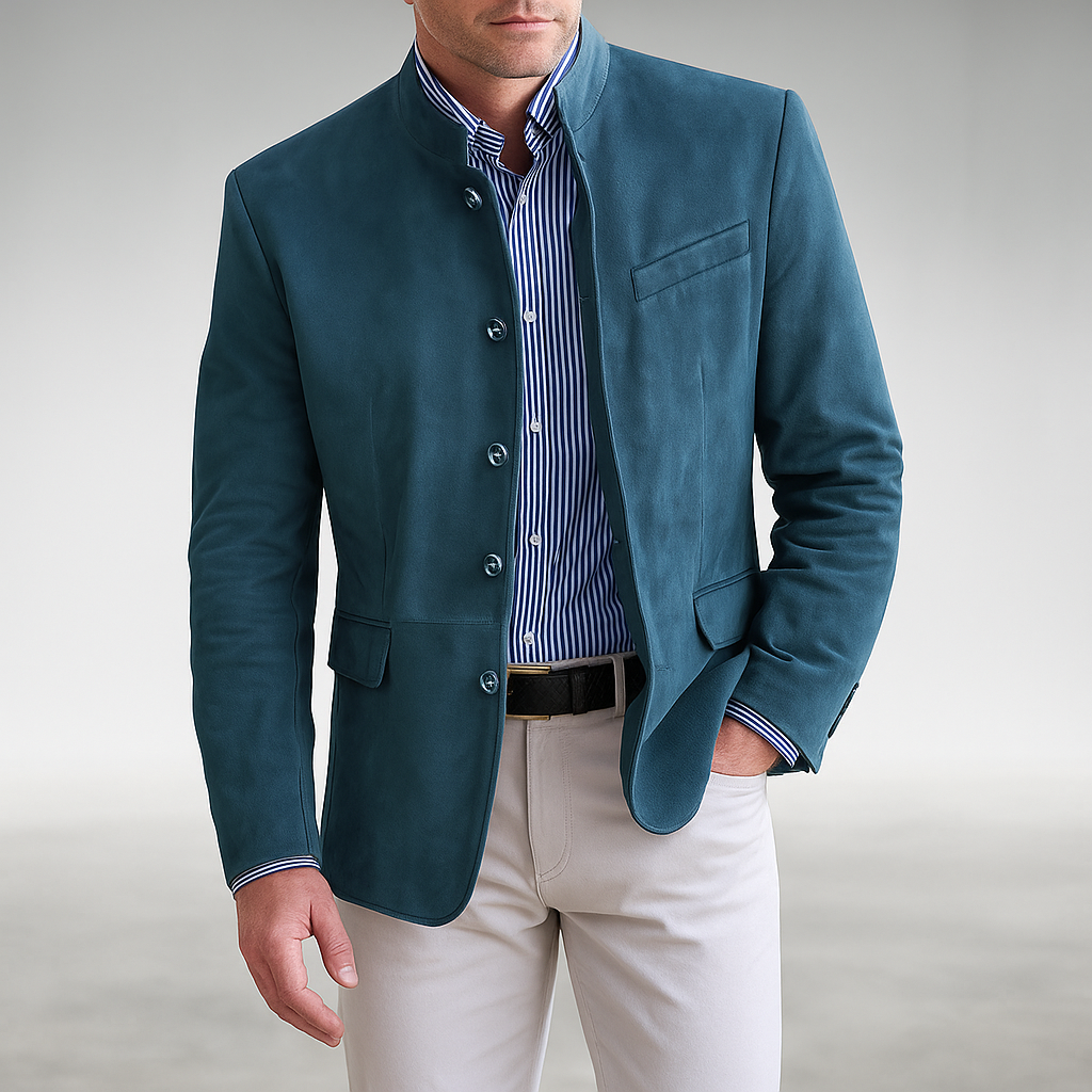 Men's Slim Fit Blazer with Stand-Up Collar and Button Closure