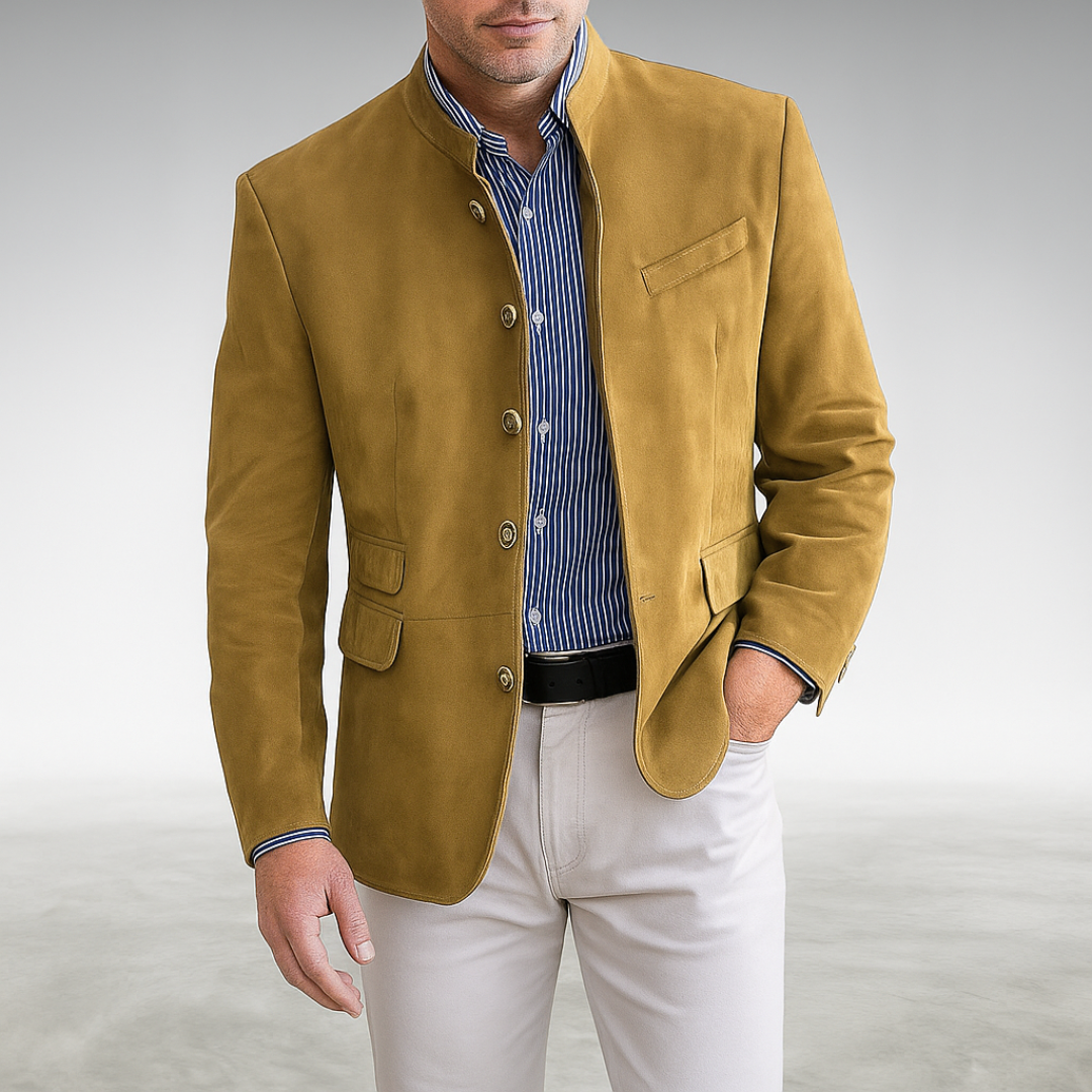 Men's Slim Fit Blazer with Stand-Up Collar and Button Closure