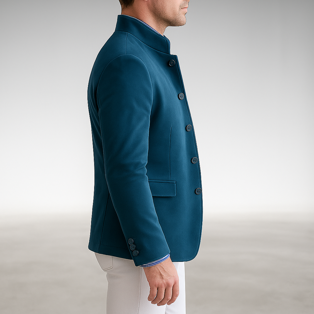 Men's Slim Fit Blazer with Stand-Up Collar and Button Closure
