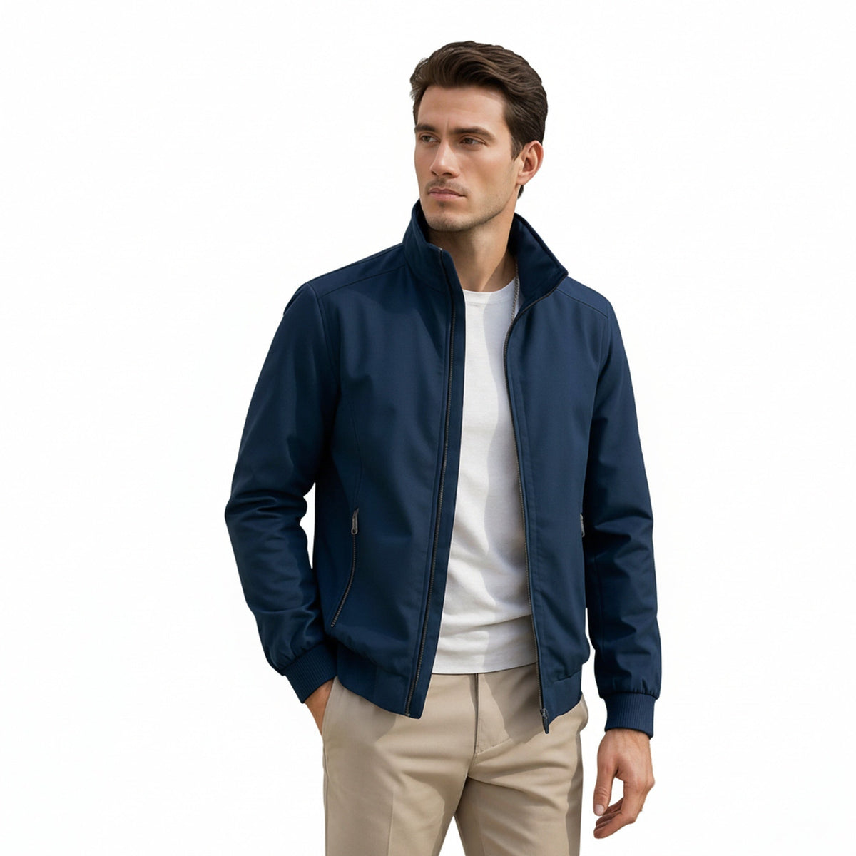 Men's Stand-Up Collar Bomber Jacket with Zip Closure
