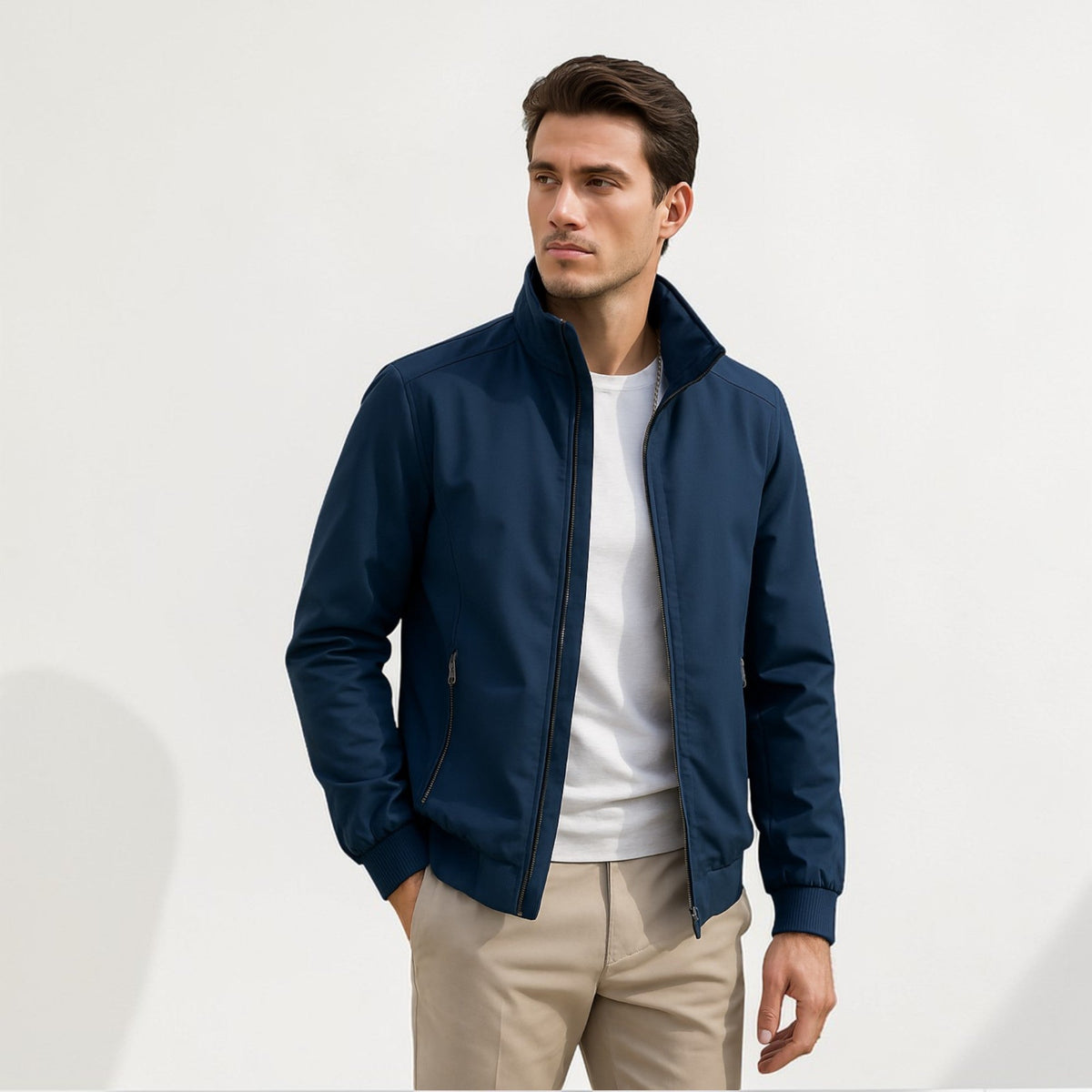 Men's Stand-Up Collar Bomber Jacket with Zip Closure