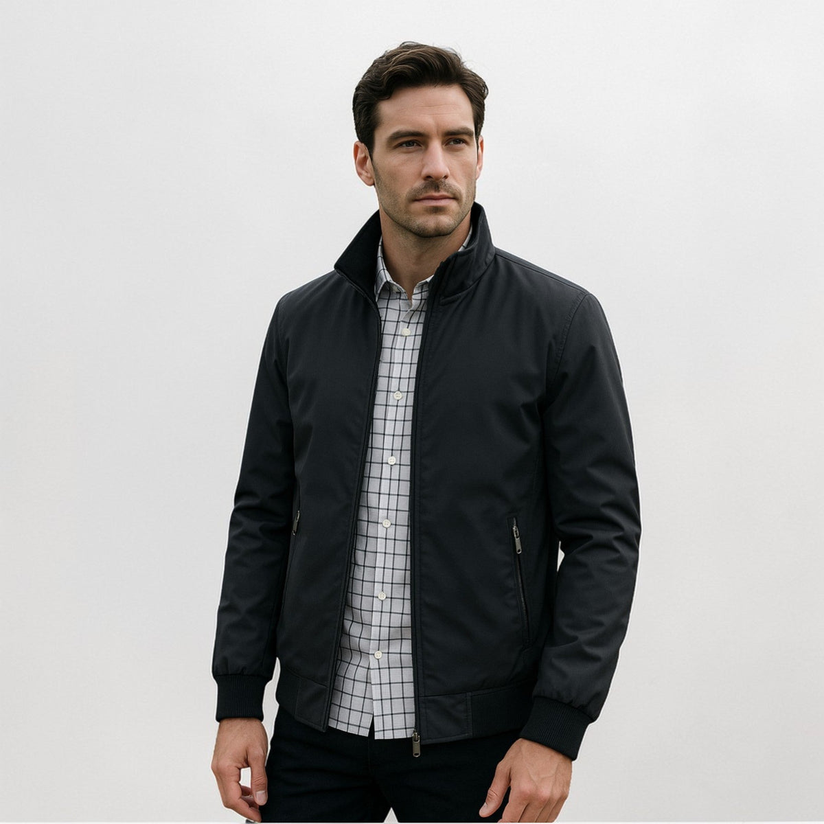 Men's Stand-Up Collar Bomber Jacket with Zip Closure